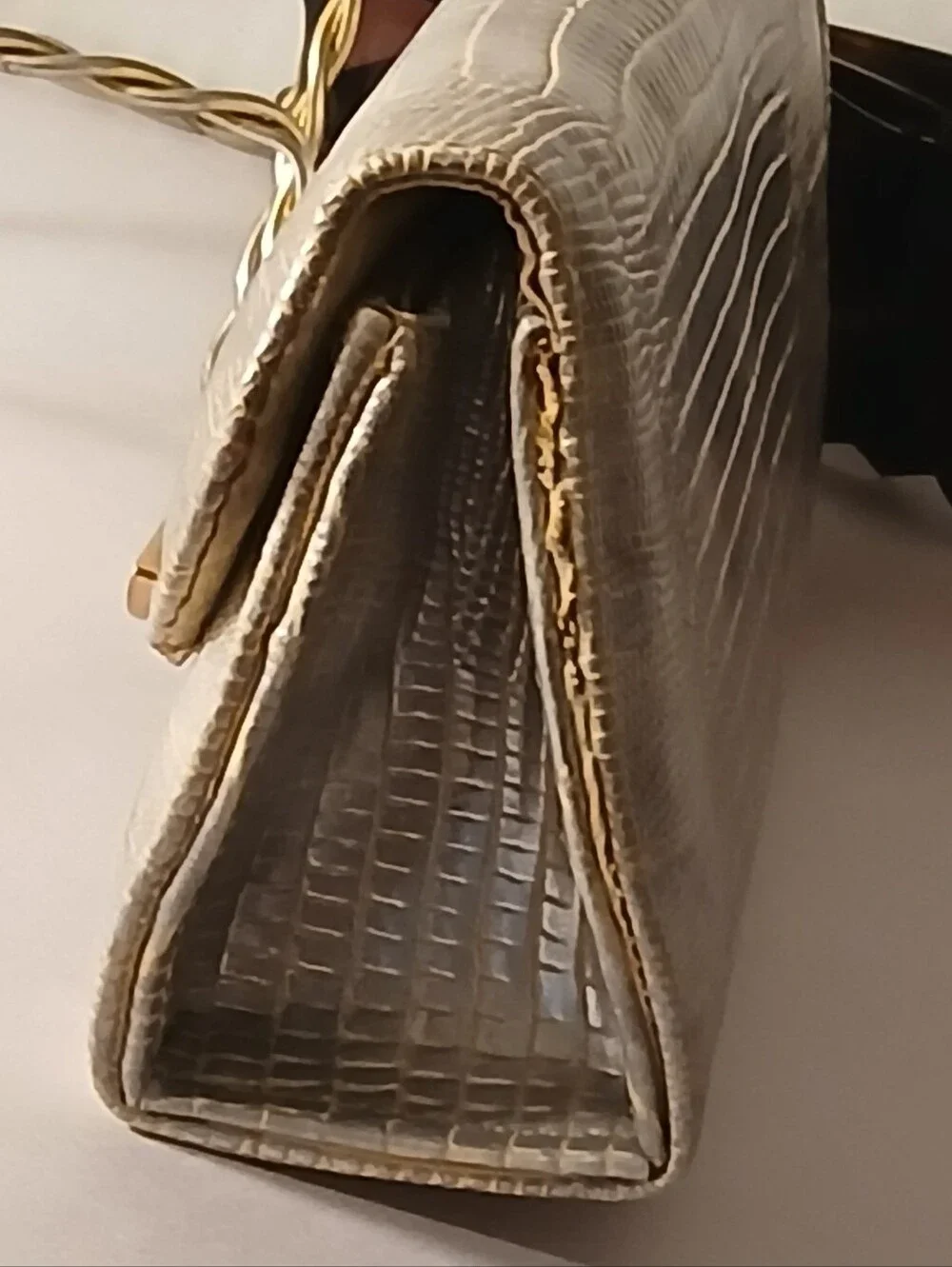 Judith Leiber Metallic Gold Lizzard Embossed Leather  Crystal Evening Clutch